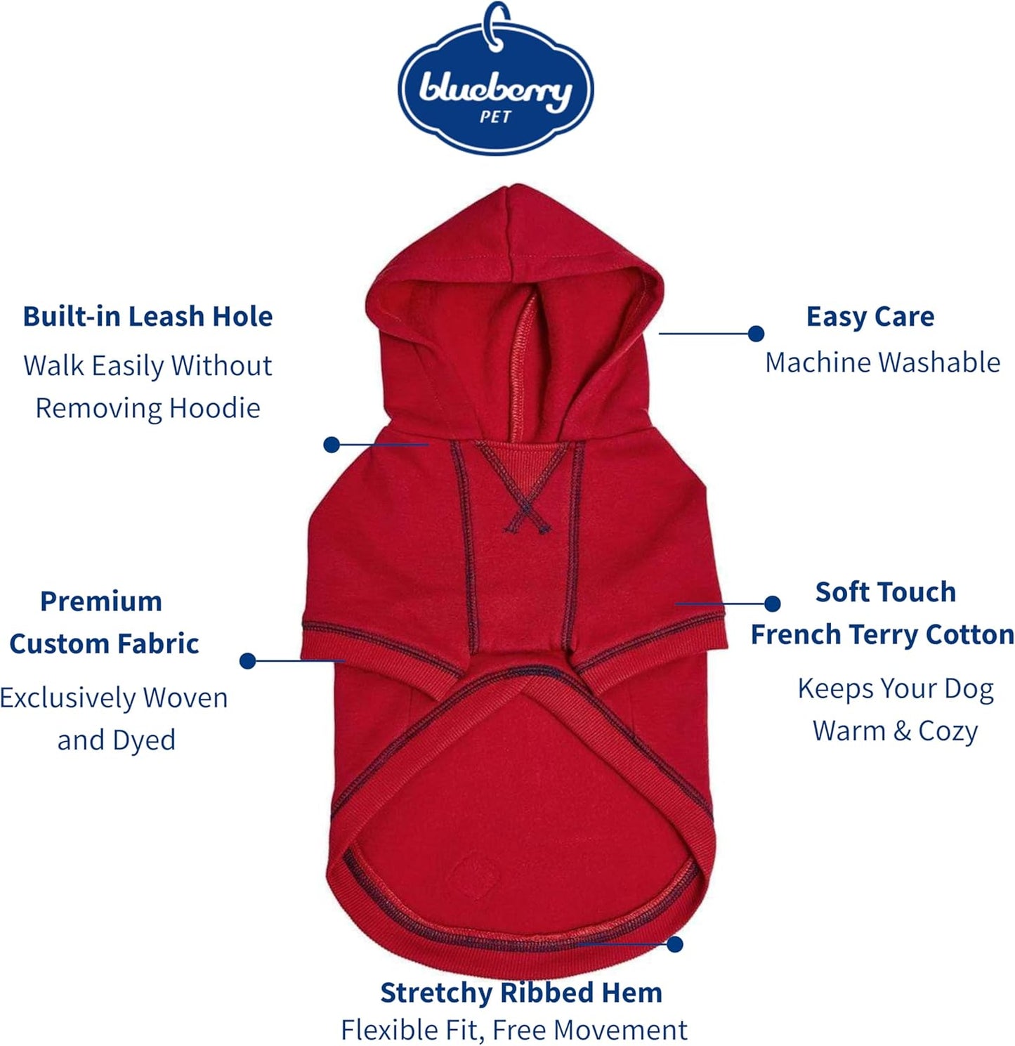 Blueberry Pet Essentials Soft & Comfy Better Basic Cotton Blend Dog Hoodie Sweatshirt in Red, Back Length 22", Pack of 1 Jacket for Dogs