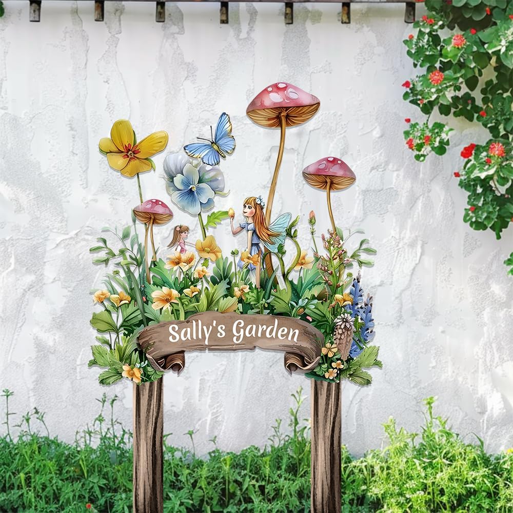 Personalized Cute Fairy Metal Sign with Stake,Custom Gardener Family Name Signs Outdoor Decor,Customized Butterfly Gardening Gifts for Mother,Flowers Plaques Decorate for Garden Patio Lawn Porch Yard