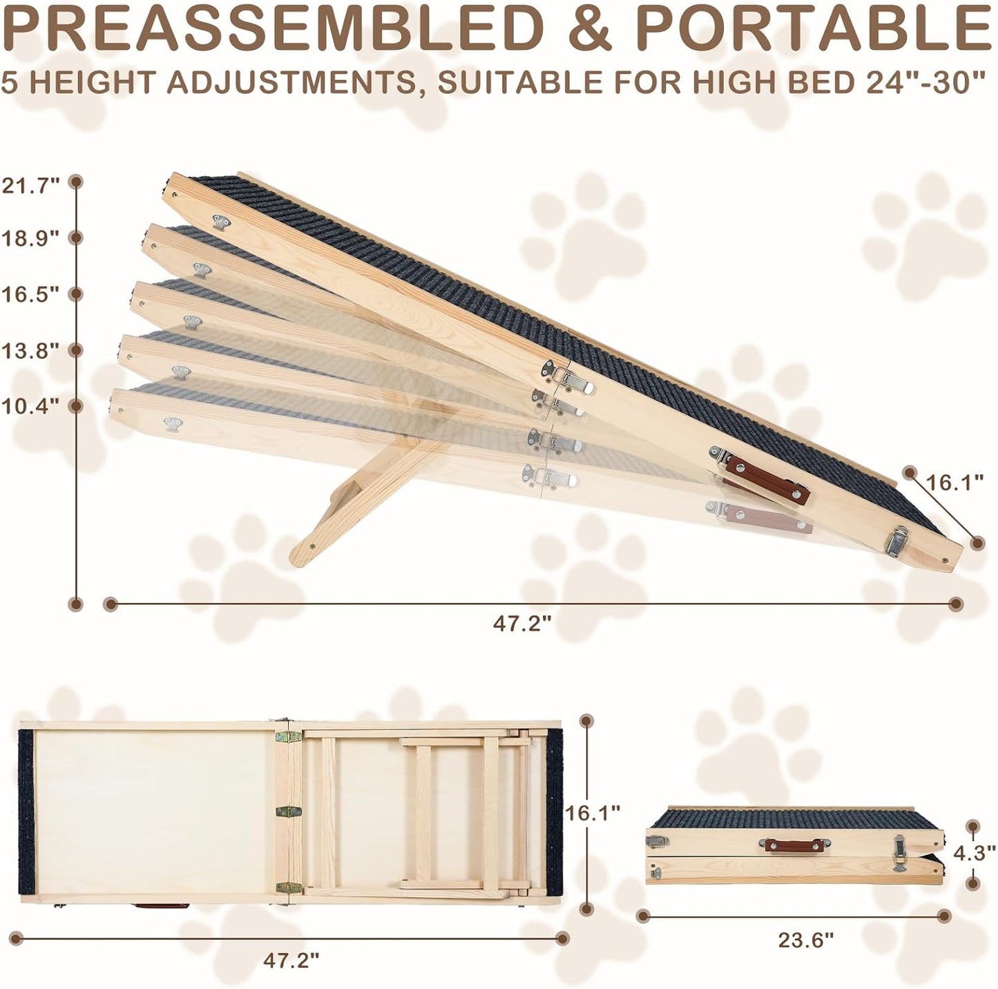 Folding Dog Ramp Safety for Bed, Wooden 5 Adjustable Height Pet Ramps, Potable Dog Steps with Non-Slip Traction Mat, Dog Step, Dogs Stairs for SUV Car, Couch, Safe,Height Bed(47.3 Inch Long)
