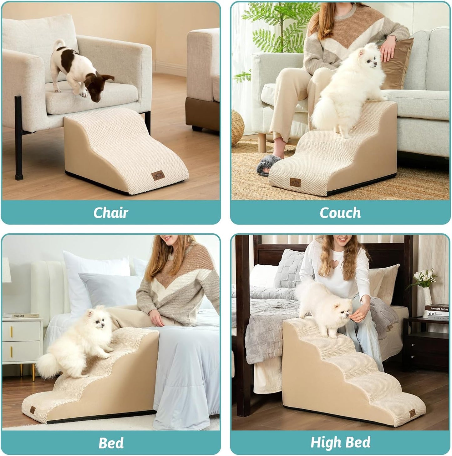 Dog Stairs for Small Dog 22.6" H, Curved Pet Step for Puppy, Older Cat, Medium Pet Ramp for High Bed, Ladder with High Density Foam, Durable, 5 Step, 15.7x33x22.6 inch, Beige