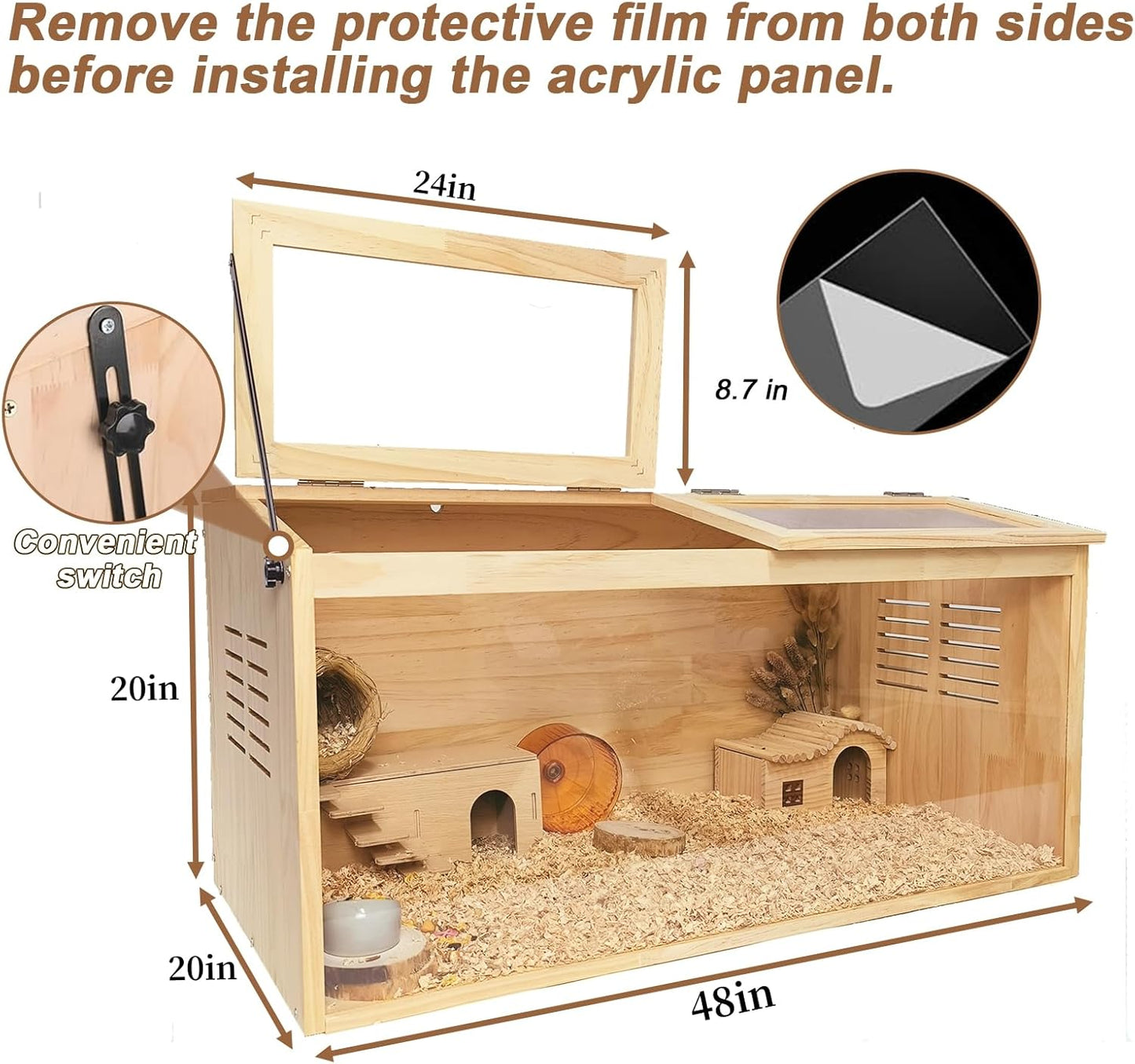 Wooden Hamster Cage,48" Lx20 Wx20 H，Animal Cabinet for Dwarf Syrian Hamsters Degus, Hamster Habitat with Openable Top and Large Acrylic Sheets.