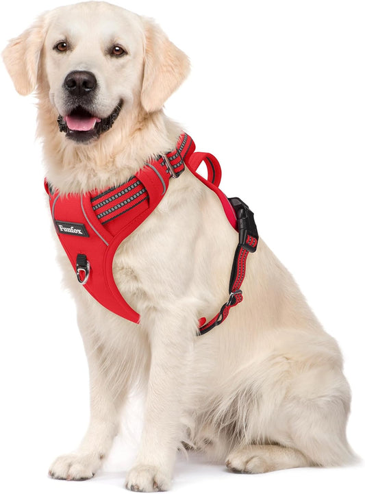 Funfox Dog Harness No Pull, Adjustable Pet Vest Harness, Super Soft Material with Vertical Handle Easy Control, Reflective Night Walking, 2 Leash Clips for XLarge Dogs, Red, XL