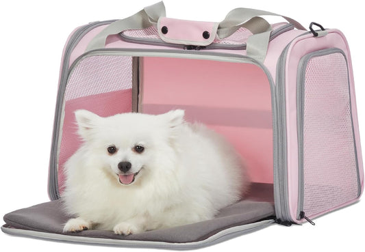 PETSFIT Cat Carrier for Large Cats, Dog Carriers for Small Dogs Under 25 Lbs, Soft Pet Carrier, Cat Crates for Indoor Cats with Cozy Extendable Mat (Large, Pink)