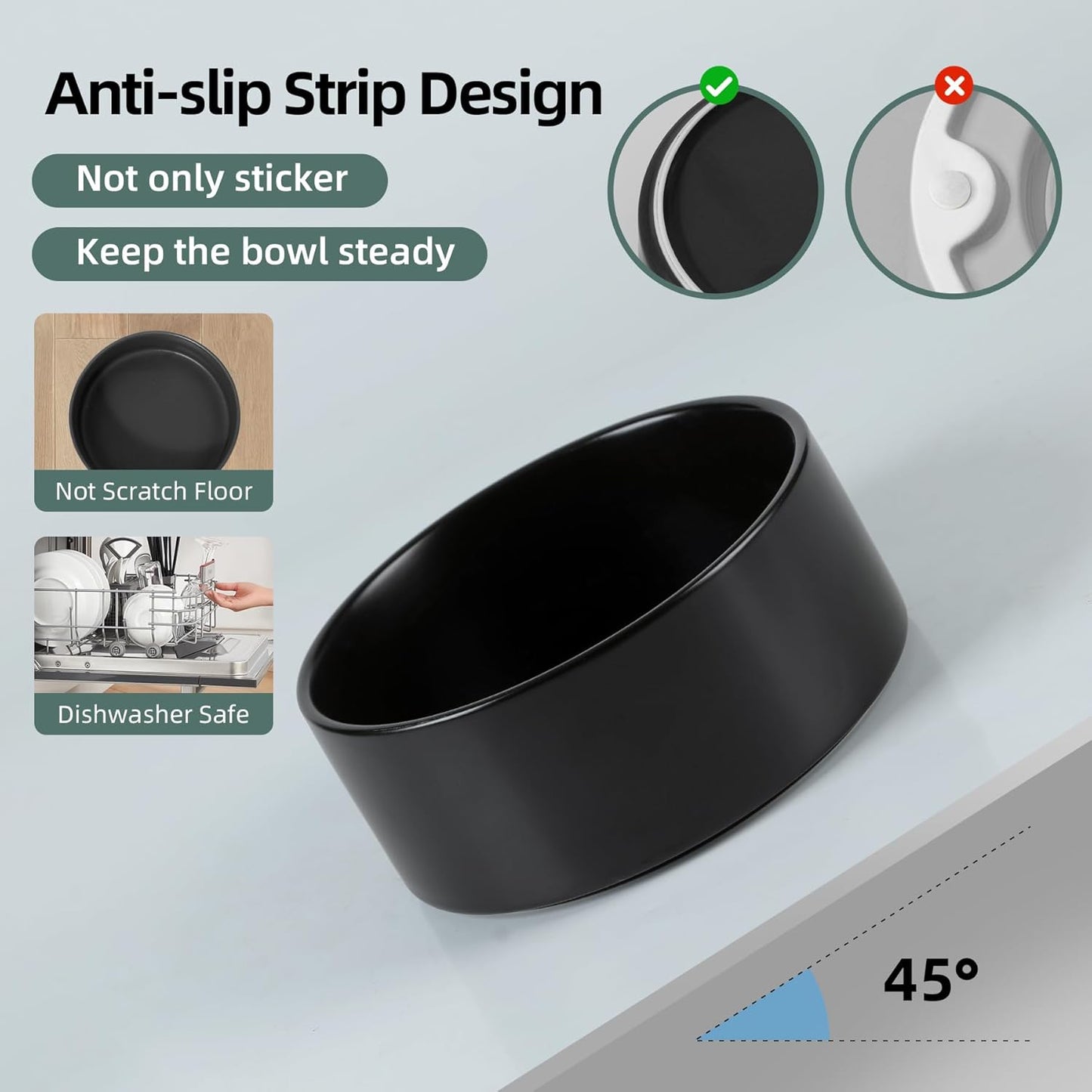 Ceramic Raised Dog and Cat Bowl Set, 2 Heights Elevated Stand, Food and Water Bowl for Small Breed Dogs, Cats, Kitty, Weighted Dog Dishes, Pet Bowls(5.1'',13.5oz, Black)