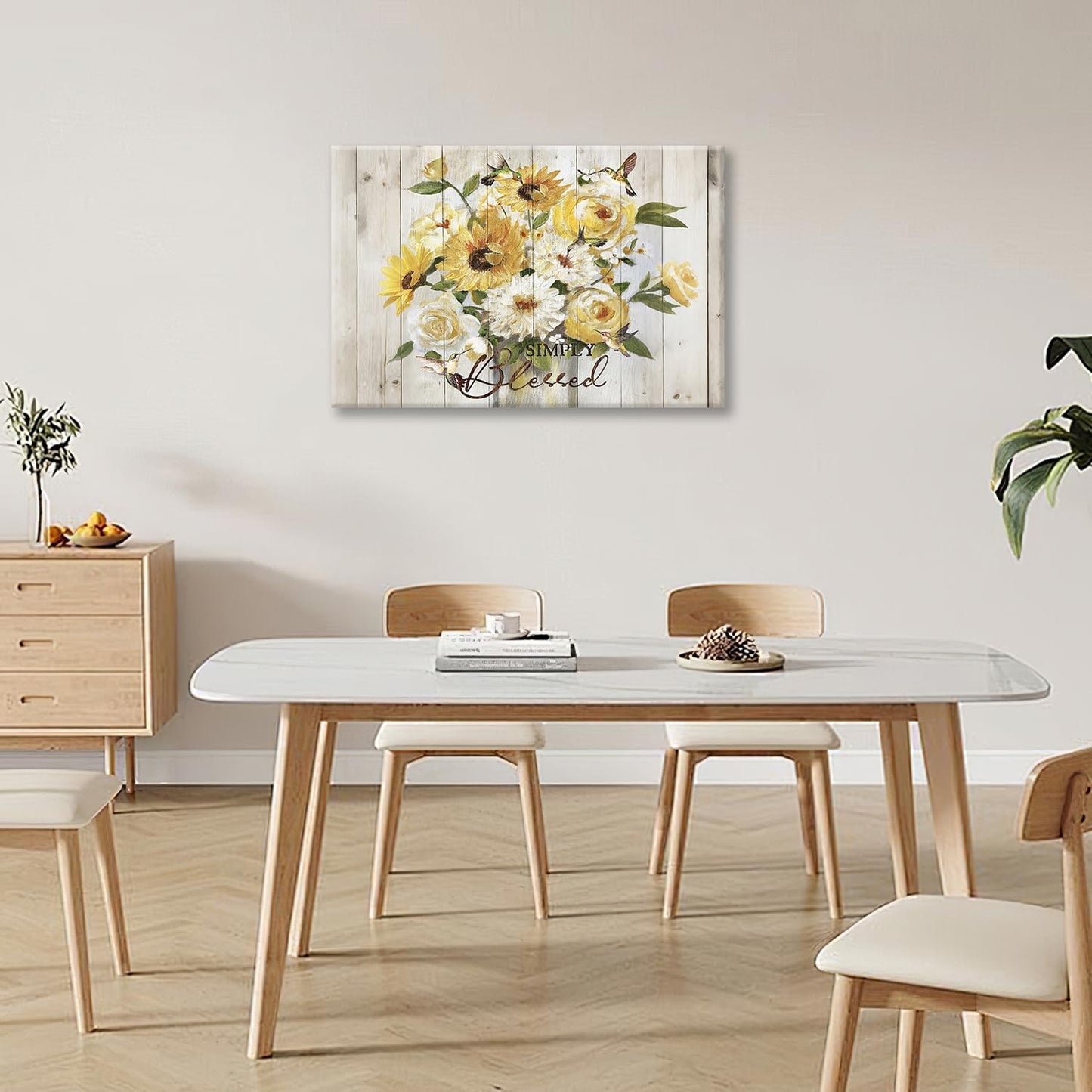 Sunflower Bathroom Pictures Wall Art, Simple Blessed Floral Bathroom Wall Decor, Flower Framed Painting Canvas Artwork for Bedroom Living Room Decorations 24"L x 16"W