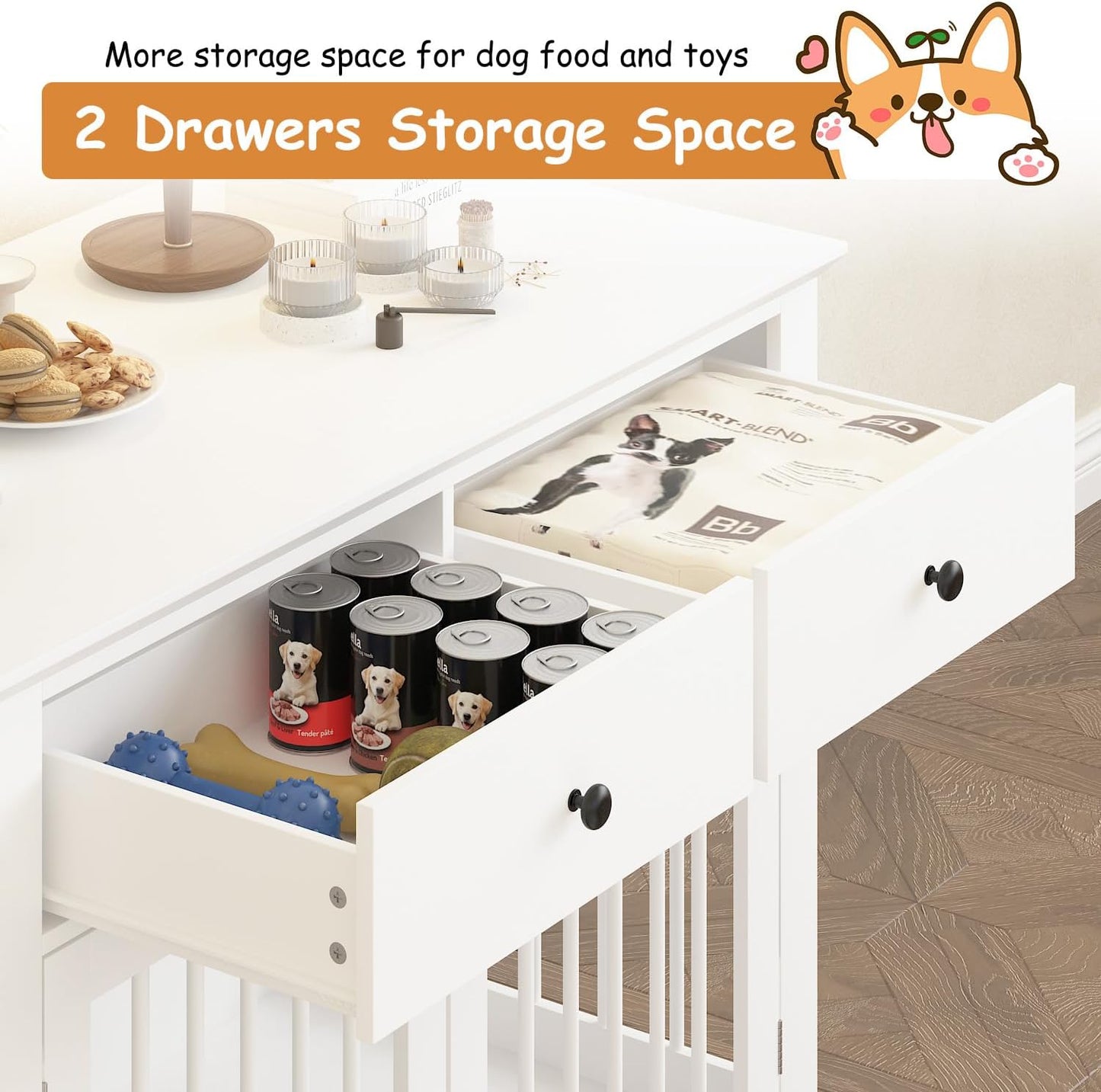 Dog Crate Furniture, 44 Inch Wooden Dog Kennel Indoor with 2 Storage Drawers, Heavy Duty Large Crate Furniture, Decorative End Table Cage Furniture for Small/Medium/Large (White)