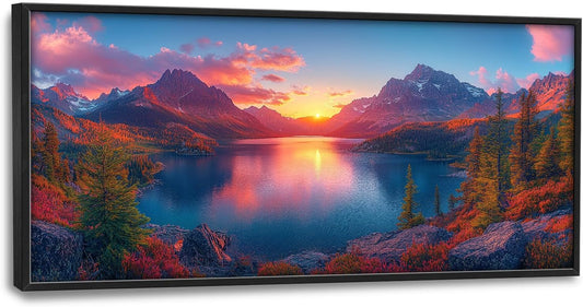 Large Lake Mountain Landscape Wall Art for Living Room, Nature Sunrise Canvas Oversized Wall Decor, River Forest Scenery Framed Pictures Painting Print Artwork for Bedroom Office 60"L x 30"W
