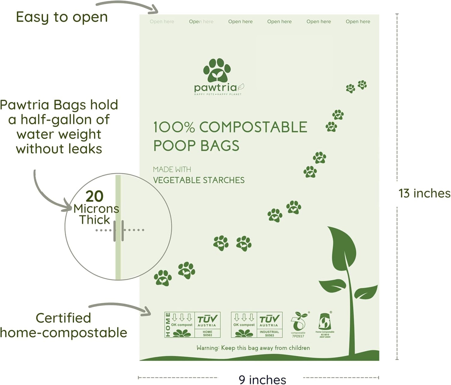 Pawtria Certified Home Compostable Dog Poop Bags (480), Value pack, Biodegradable Poop Bags, Cat Litter, Vegetable Starches, Eco-friendly Dog Waste Bags, Leak proof, Easy to Open, Give Back