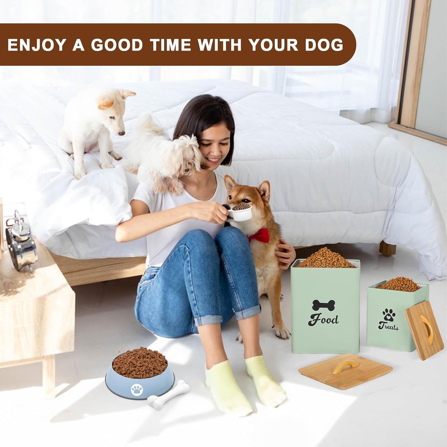 Dog Treat Container 2PCS, Dog Food Storage Container with Lids Airtight, Dog Treat Jars for Kitchen Counter-7+3Lbs (Saga Green)