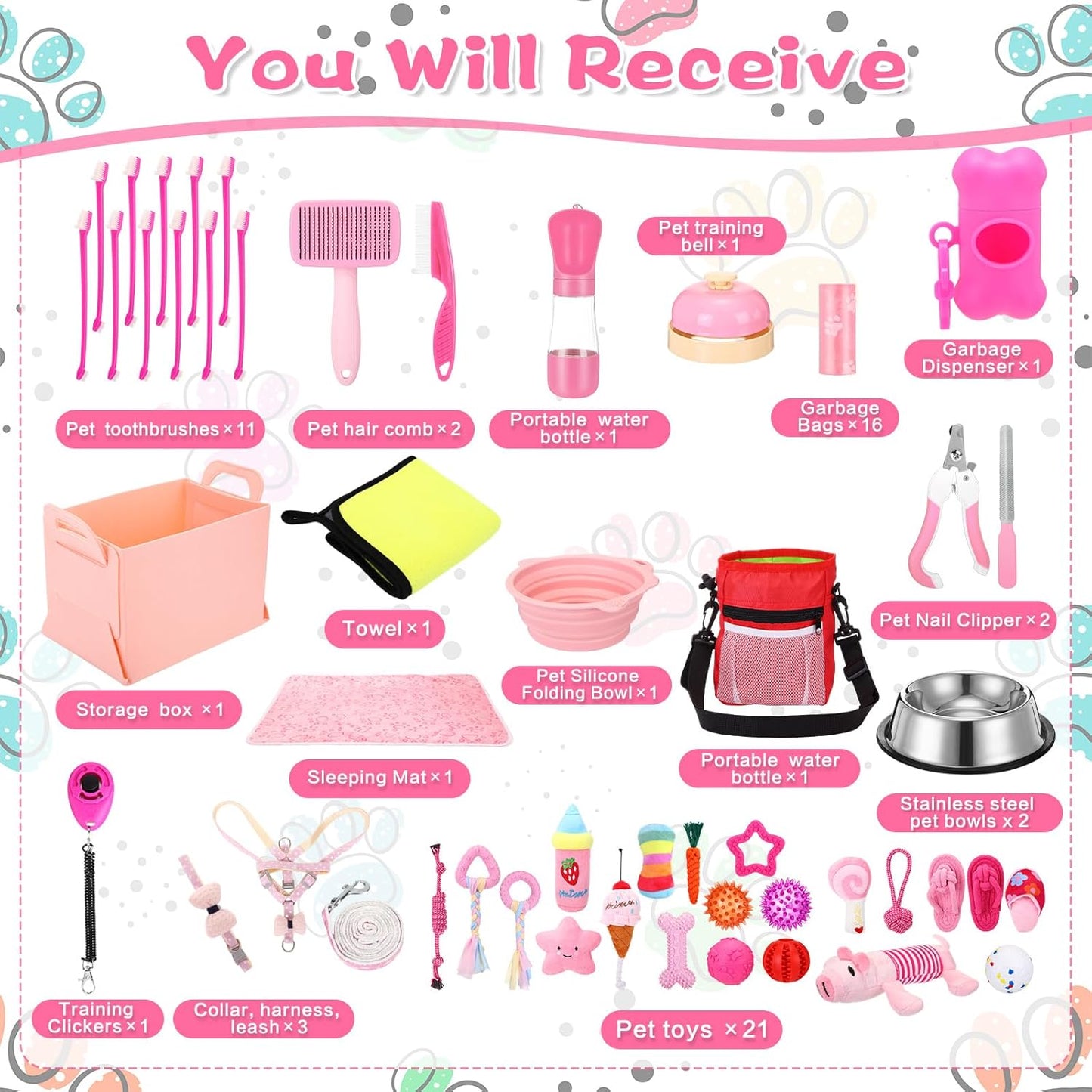 65 Pcs Puppy Supplies Starter Kit Small Dog Essentials Includes Dog Leash, Toys, Bowl, Brushes, Water Bottles, pet Blankets Puppy Accessories for New Welcome Gift Supplies(Cute,Pink)