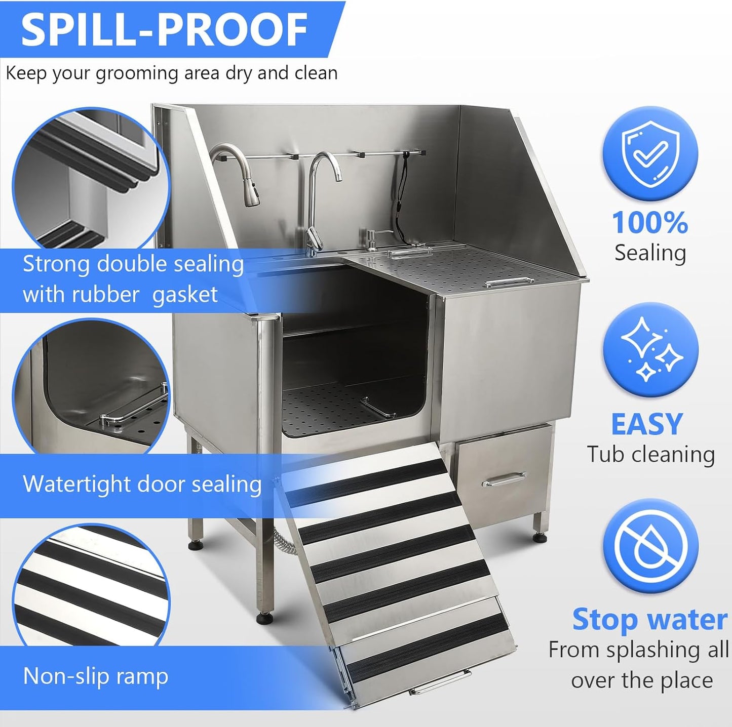 50" Dog Washing Station, Professional Stainless Steel Pet Dog Bathing Station with Ramp, Faucet, Storage Drawer, Floor Grate Dog Bathtub for Large, Medium, Small Pets (Left Ramp)