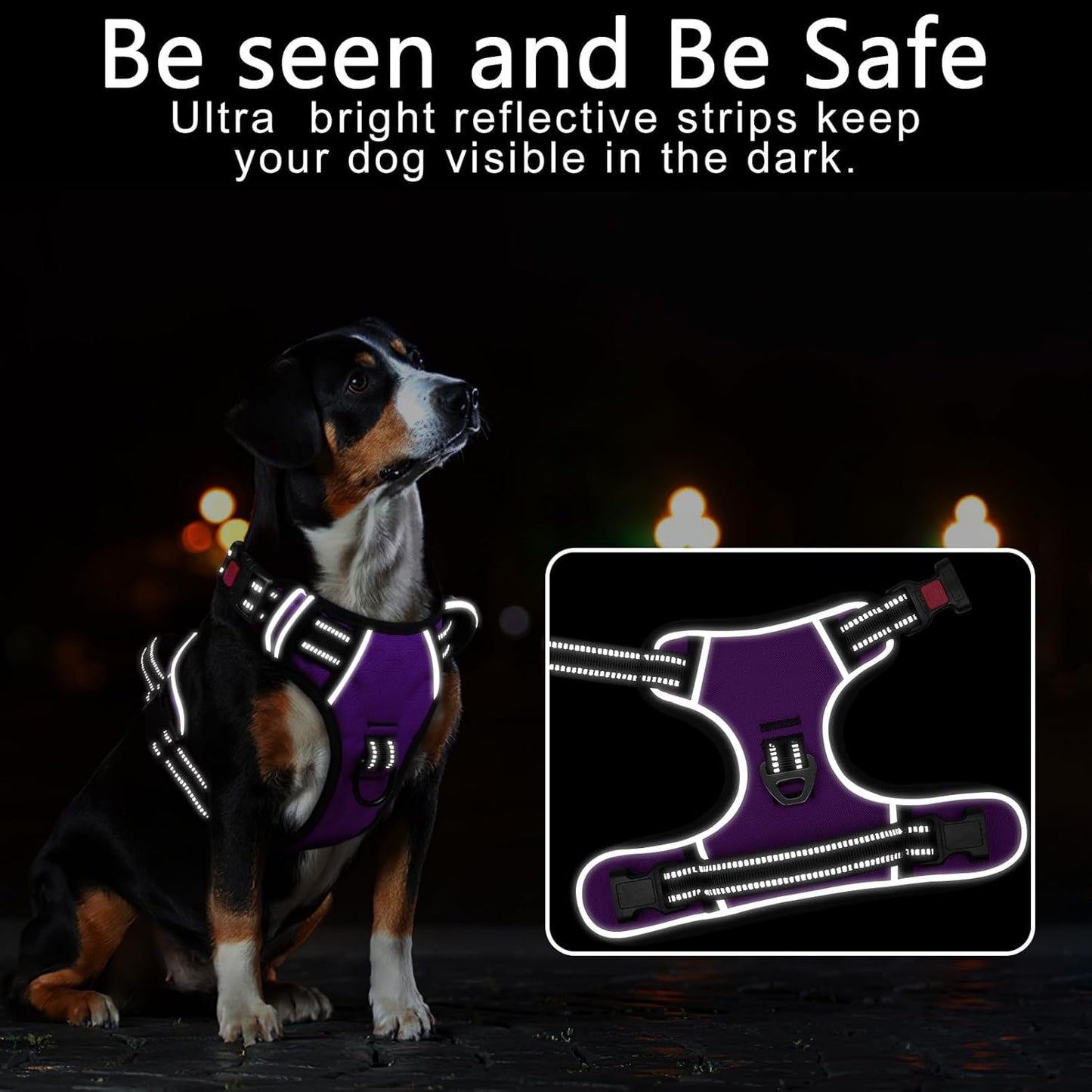 Timos Dog Harness Large Sized, No Pull with Neck Lockable Snap,No Choke Front Clip Dog Reflective Harness,Adjustable Metal Rings 3 Buckles,Easy Control Handle for Large Dogs Purple L