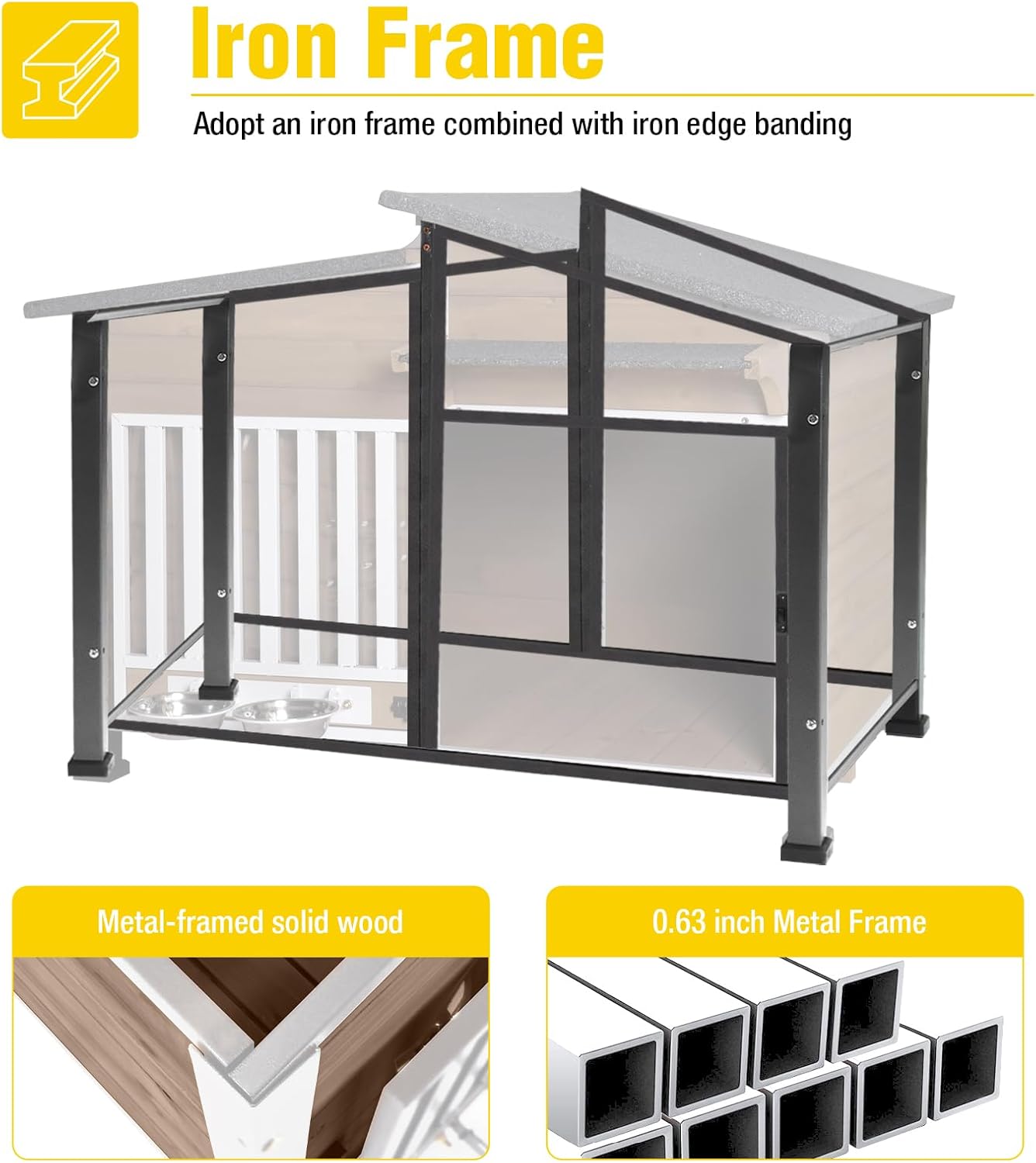 Chew-Resistant Dog House with Metal Frame, Wooden Kennel for Indoor & Outdoor Use, Waterproof Roof & Feeding Bowls Included (Brown, L)