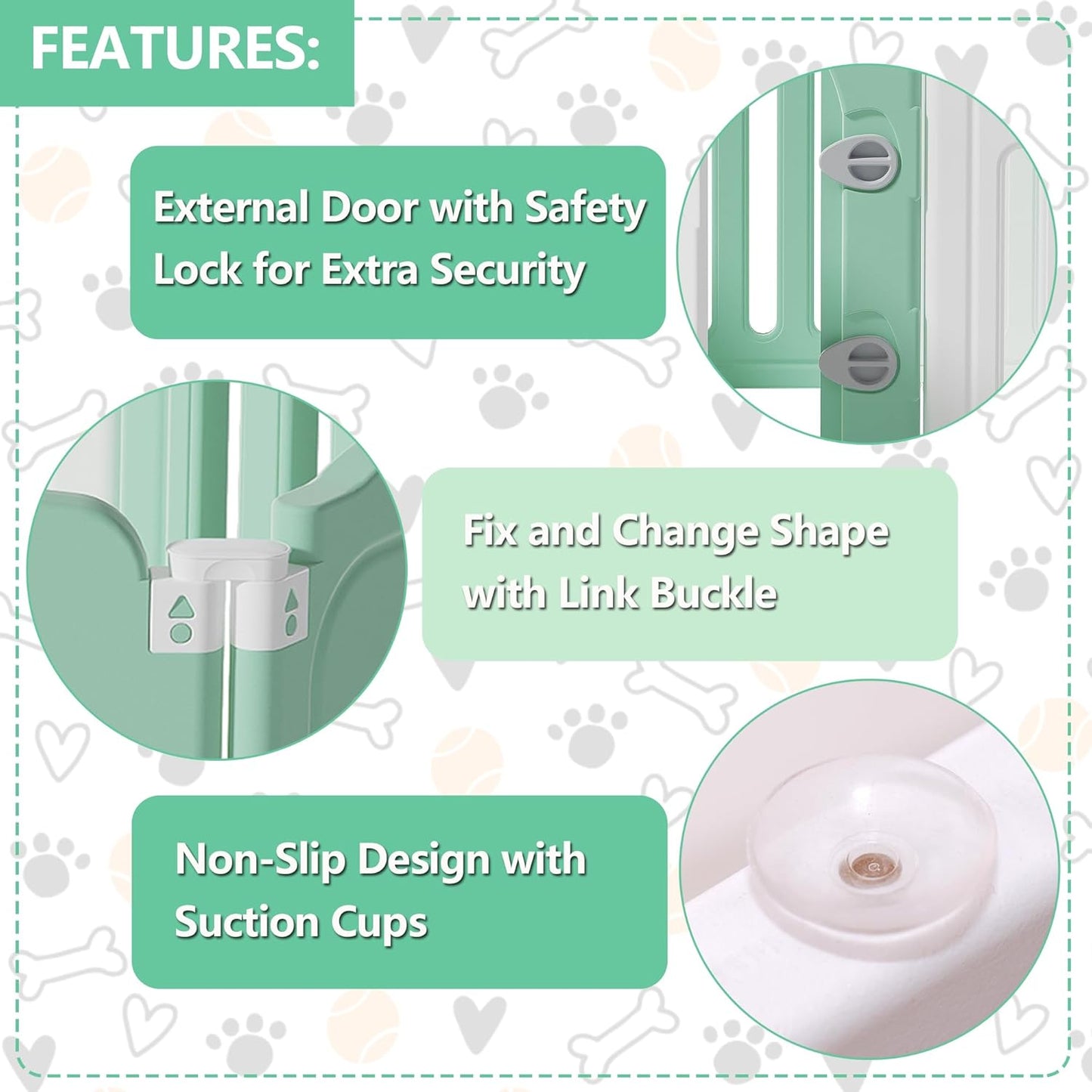 Foldable Dog Play Pen Indoors, Non-Slip Sturdy Puppy Playpen with Door, 25.5" H 10-Panel Adjustable Shape Dog Fence Pen for Small/Medium Dogs, Thickened, Easy to Store, White+Green