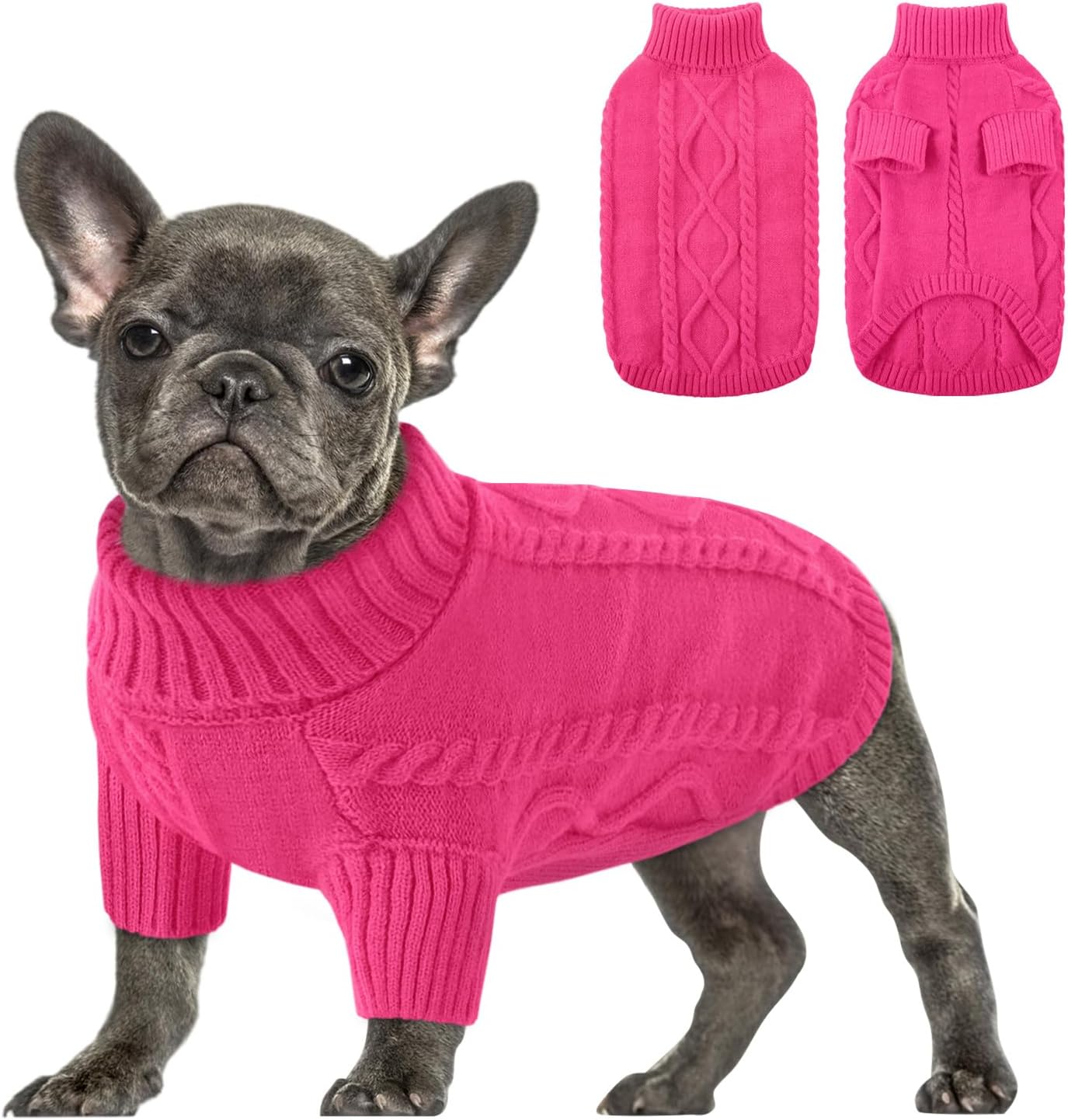 Queenmore Small Dog Pullover Sweater, Cold Weather Cable Knitwear, Classic Turtleneck Thick Warm Clothes for Chihuahua, Bulldog, Dachshund, Pug (Fuchsia, X-Small)