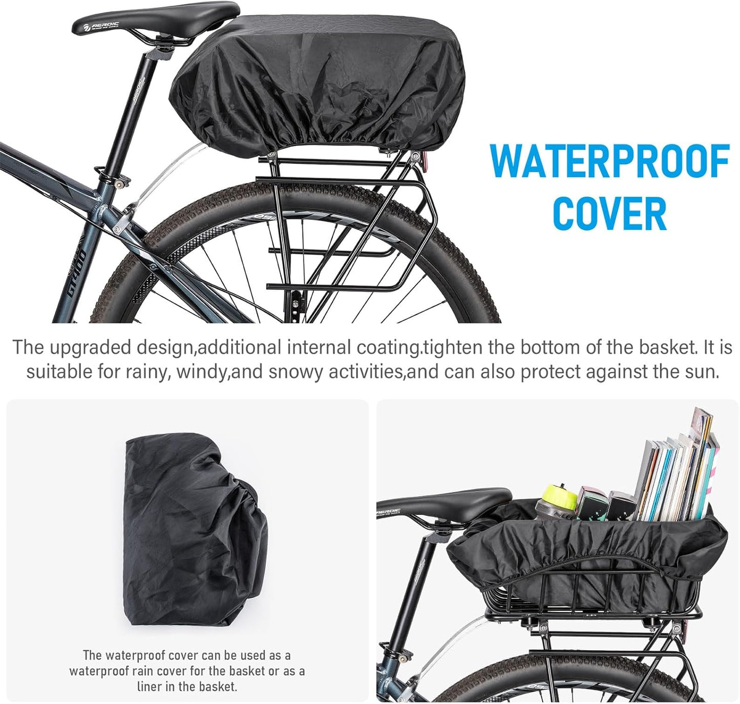 CXWXC Rear Bike Basket - Bicycle Rear Basket with Cargo Net and Waterproof Cover - Rear Mount Aluminium Bike Basket Large Capacity