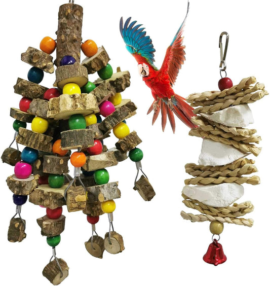 kathson Parrot Chewing Toys Medium Size - Natural Wooden Bird Toys with Colorful Blocks, Sturdy Hanging Bird Cage Accessories for Cockatiels Conure Cockatoos 2 Pack (Style A)