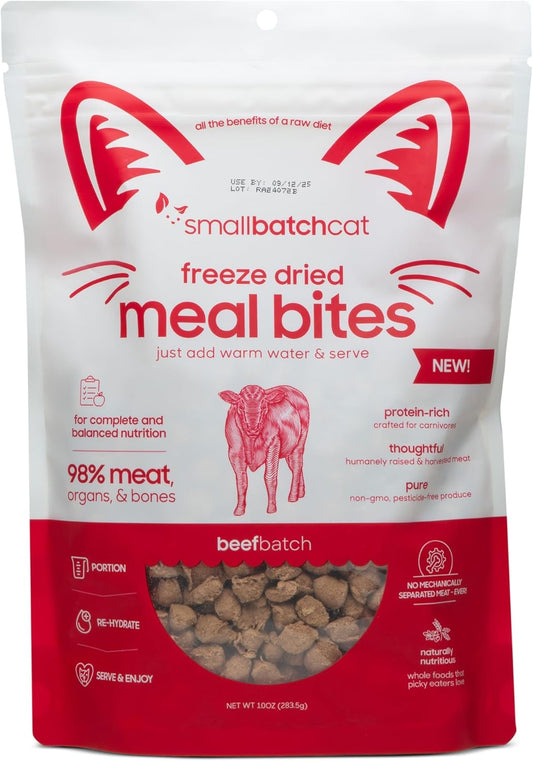 smallbatch Pets Freeze Dried Cat Treats, Raw Dry Cat Food Bites, Beef Recipe, High Protein Food Topper or Training Treats for Cats, Humanely Sourced Meat, Made in The USA, Non GMO, 10 oz Bag