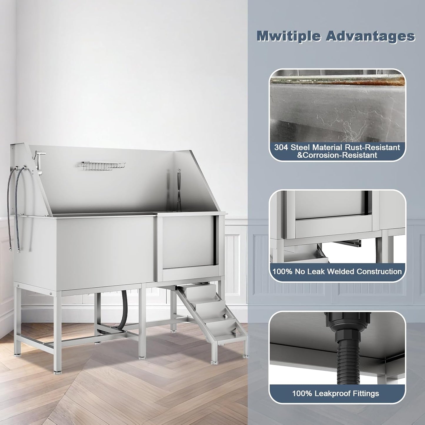 62" Professional Stainless Steel Dog Bathing Station, Large Dog Washing Station W/Dog Bath Brush, Washing Gloves, Floor Grate, Dog and Cat Bath Tub, Dog Washing Sink (62 Inch Right Door)