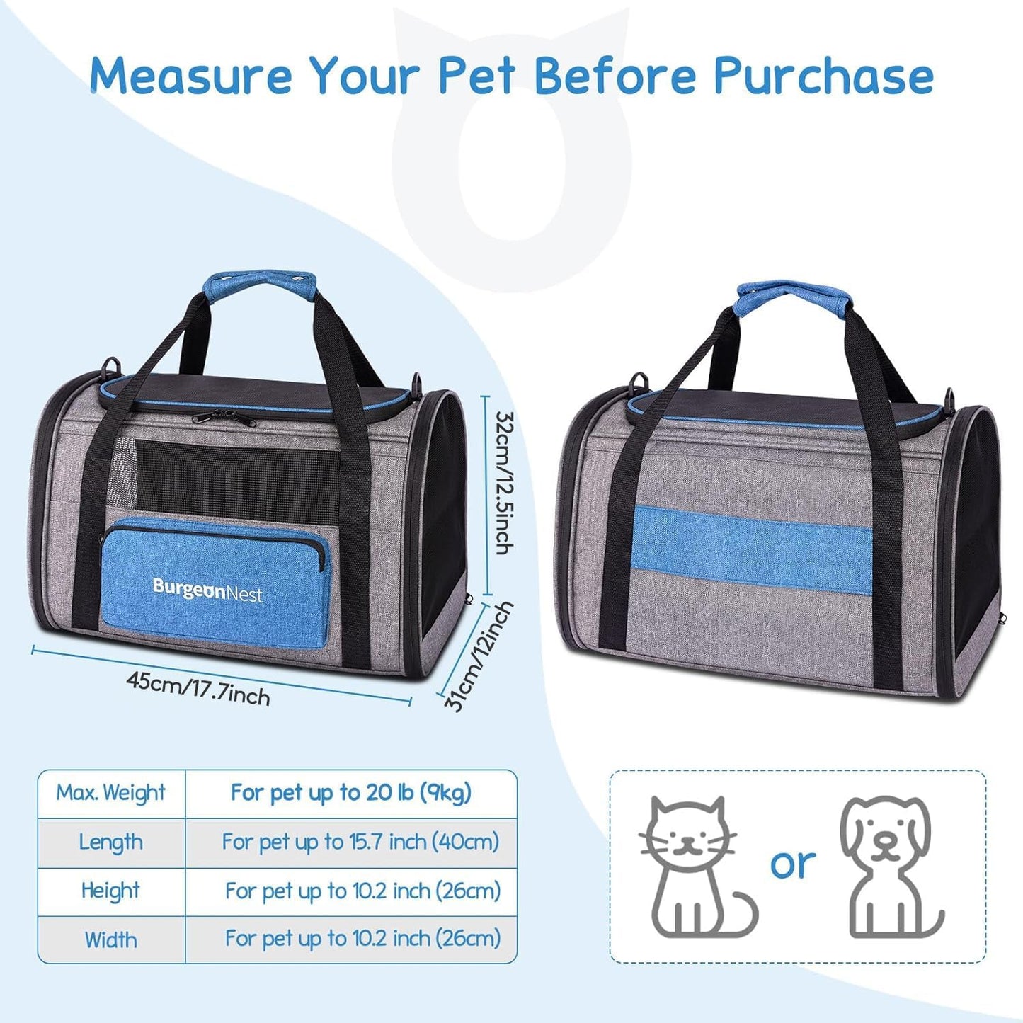 BurgeonNest Cat Carriers for Small Cats Under 15, Medium Puppy Under 25 lbs Large Pet 20 lbs Soft Sided Pet Carrier with Unique Side Bag (Medium, Grey)
