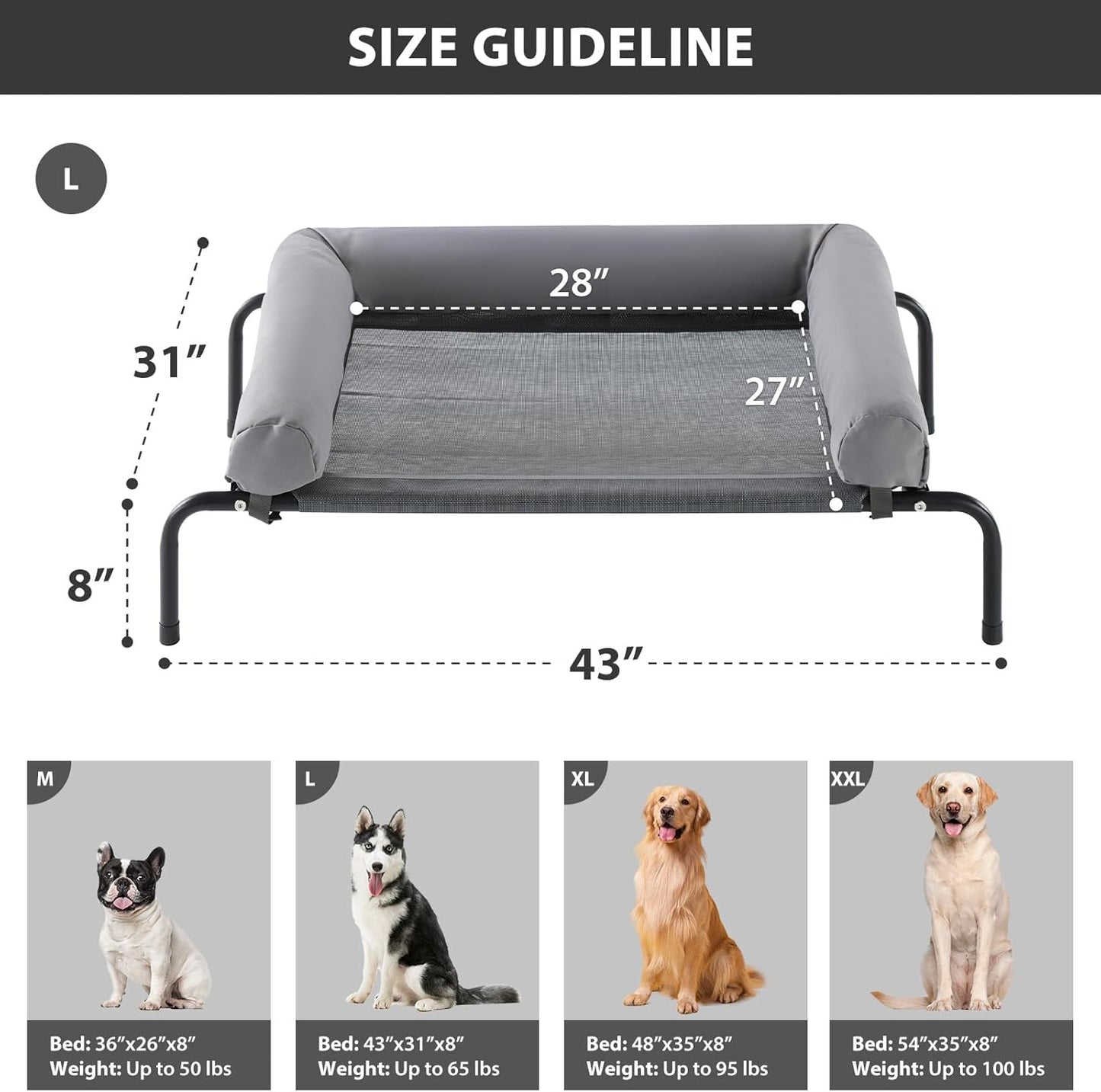 RRPETHOME Large Elevated Cooling Dog Bed, Raised Dog Cot Beds for Large Dogs, Elevated Outdoor Pet Bed, Chew Proof Portable Cooling Pet Cot with Skid-Resistant Feet and Breathable Mesh