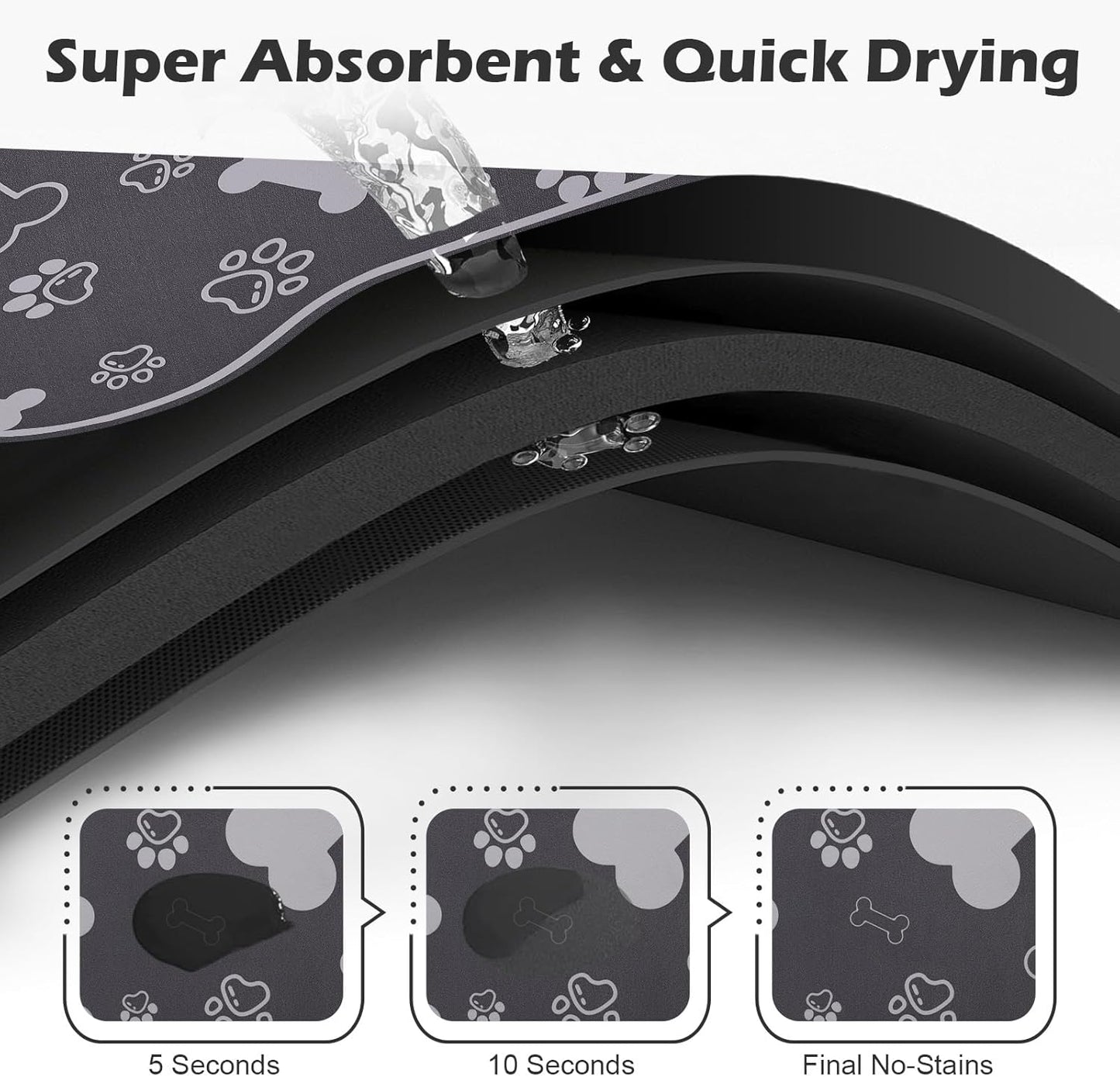 Dog Cat Food Mat,Rapid Absorbent Pet Feeding Mat, Bone Shaped Dog Placemat Water Bowl Mat with Rubber Backing,No Stains Dog Cat Food Mats Indoor, Pet Accessories Supplies 16"×24" Dark Grey