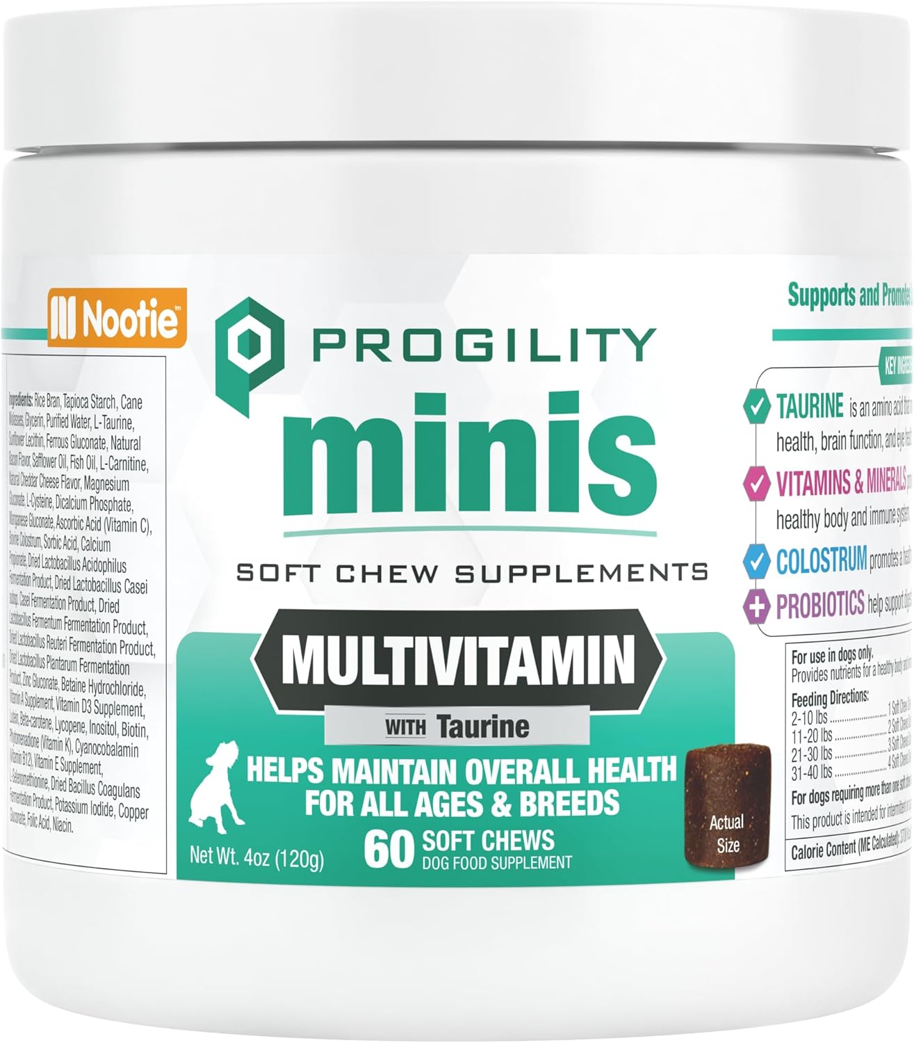 Nootie PROGILITY Daily Mini Multivitamin Chews for Dogs - Supports Immunity, Heart, Eye, Brain, and Bone Health with Taurine- for All Dog Sizes - 60 Soft Chews - Sold in Over 5,000 Pet Stores