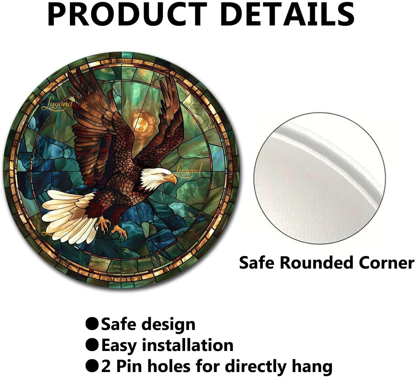 Lygond Metal Sign Tin Sign Circular Stained Glass American Bald Eagle Bathroom Signs for Home for Yard 8×8 Inches