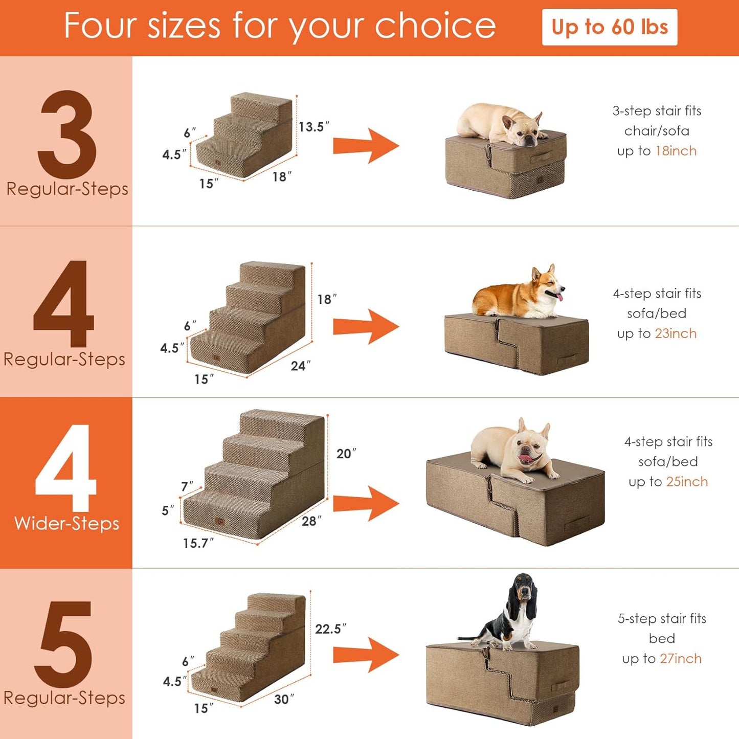 EHEYCIGA Dog Stairs for Bed 20" H, 4-Step Extra Wide Dog Steps for High Bed, Pet Steps for Small Dogs and Cats, Non-Slip Balanced Pet Ramp Indoor, Camel