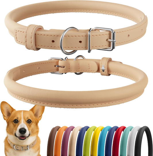 CollarDirect Rolled Leather Dog Collar, Soft Padded Round Puppy Collar, Handmade Genuine Leather Collar Dog Small Large Cat Collars 13 Colors (11-14 Inch, Beige Smooth)