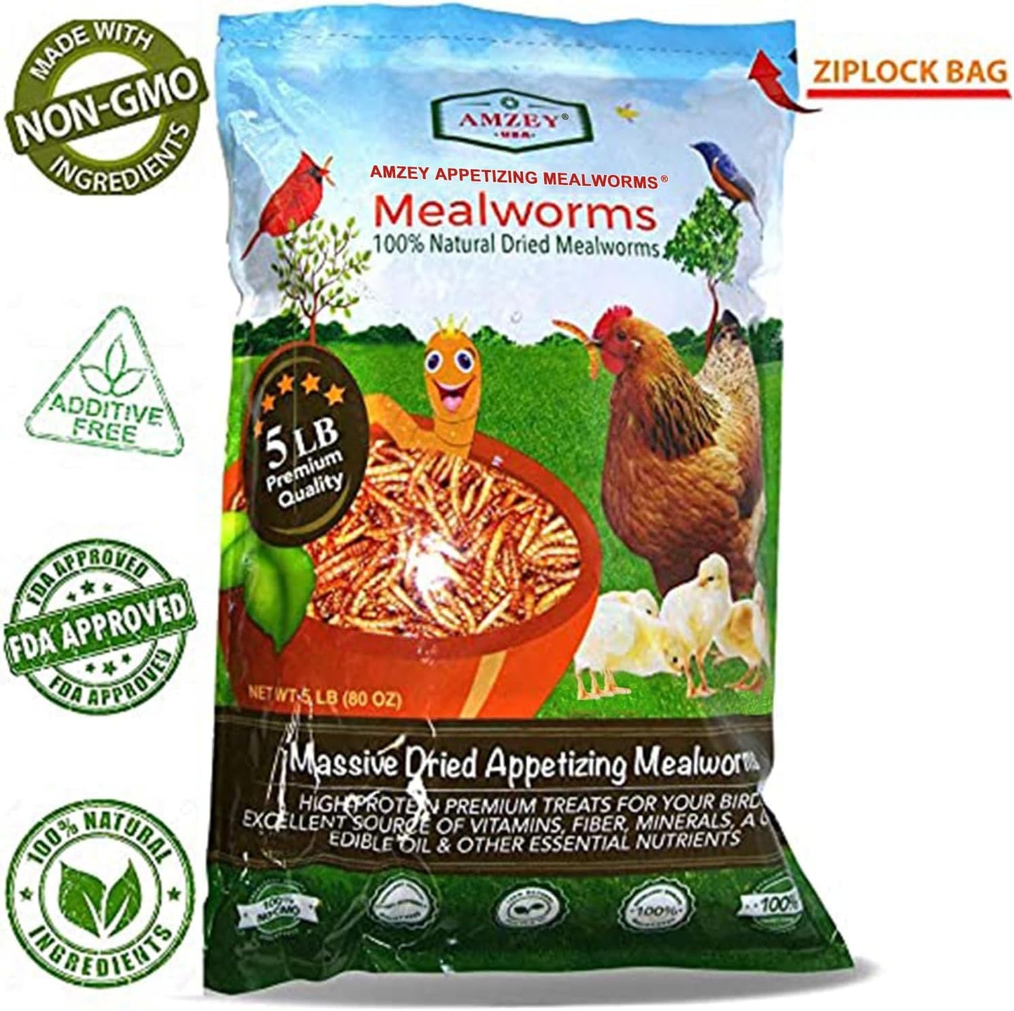 Amzey Appetizing Mealworms 5 LBS- 100% Non-GMO Dried Mealworms - Large Meal Worms - High Protein Treats- Perfect Mealworm for Chickens, Ducks, Turtles, Blue Birds, Lizards - Bag of Mealworms 5 LBS