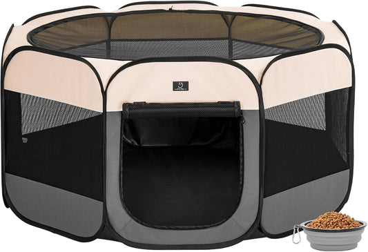 A4Pet Dog Playpen Indoor, 49” Portable Playpen with Bowl, Suitable for Puppies, Kittens, and Small Animals, Removable Zipper & Mesh Panel(16”W × 10”H)