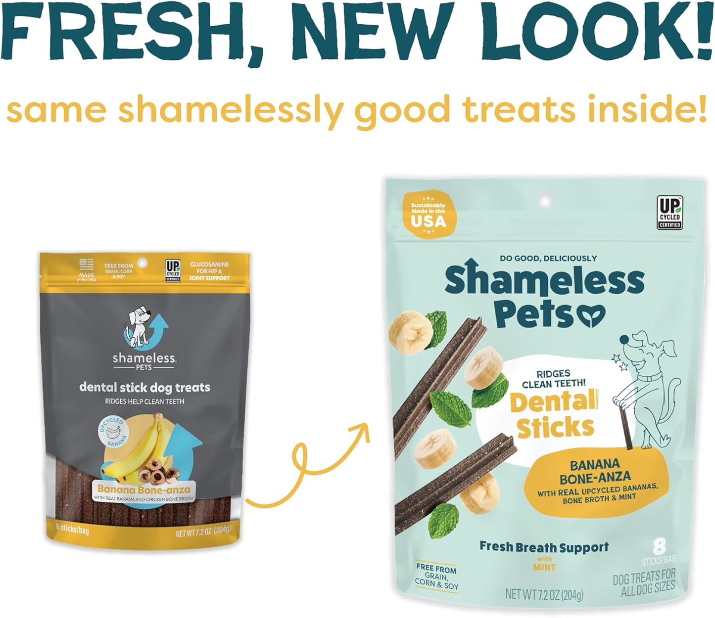 Shameless Pets Dental Treats for Dogs, Banana Bone-Anza - Healthy Dental Sticks with Hip & Joint Support for Teeth Cleaning & Fresh Breath - Chews Free from Grain, Corn & Soy