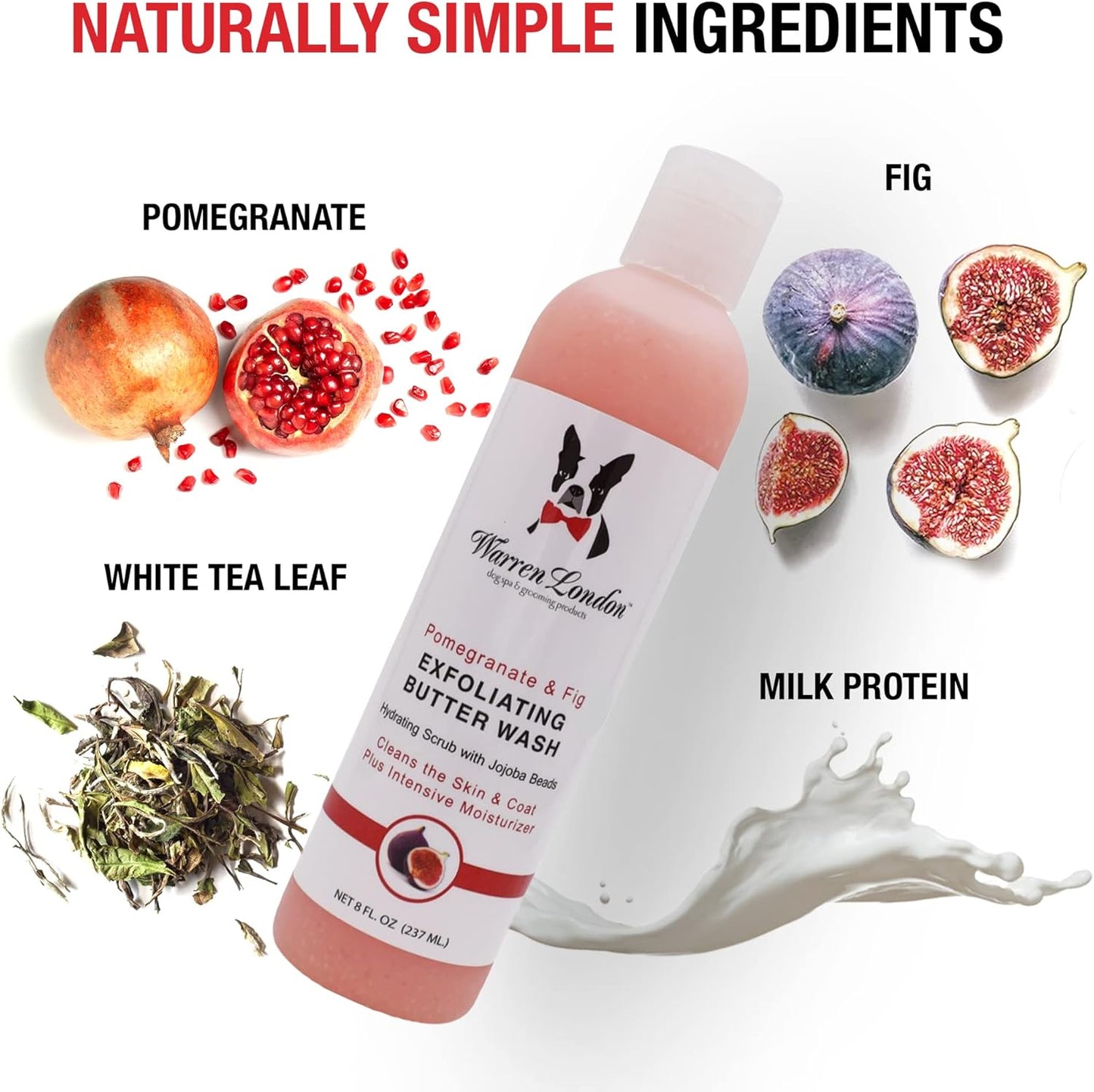 Warren London Exfoliating Butter Wash – Pomegranate & Fig Dog Shampoo, 8 oz | Cleans, Exfoliates & Conditions in One | Jojoba Beads Relieve Dry, Itchy Skin | Non-Oily Shine | Made in USA