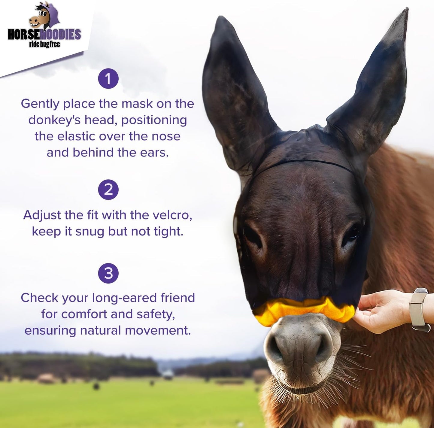 Donkey Fly Mask with Long Ears (Orange) Made in USA - Mule Fly Mask with Ears Protection from Insects and Bugs, Small Donkey Soft Mesh Fabric with Adjustable Fastener, Face Cover Supplies for Donkeys