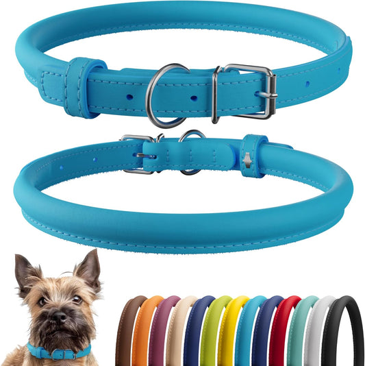 CollarDirect Rolled Leather Dog Collar, Soft Padded Round Puppy Collar, Handmade Genuine Leather Collar Dog Small Large Cat Collars 13 Colors (6 Inch, Light Blue)