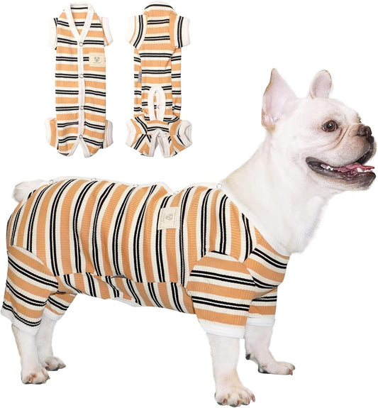 TONY HOBY Male Dog Pajamas, 4 Legged Dog Jumpsuit with Brown Stripe, Dogs Shirt for Small Medium Dogs (Brown, Boy, S)