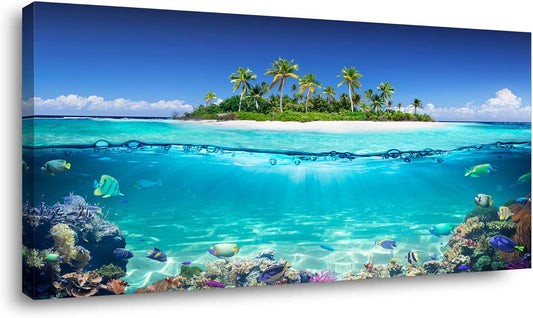 Tropical Island Coral Reef Landscape Canvas Wall Art for Living Room,Unique View Split Waterline Scenery,Beautiful Nature Summer Travel Scenic Picture Print Artwork Painting Decor,Inner Frame 30x60