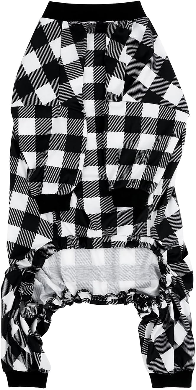 HDE Dog Pajamas One Piece Jammies Jumpsuit Pet Clothes Outfit Stretchy Lightweight Comfy Shirt Pjs for M-3XL Dogs Black & White Buffalo Plaid - 3XL