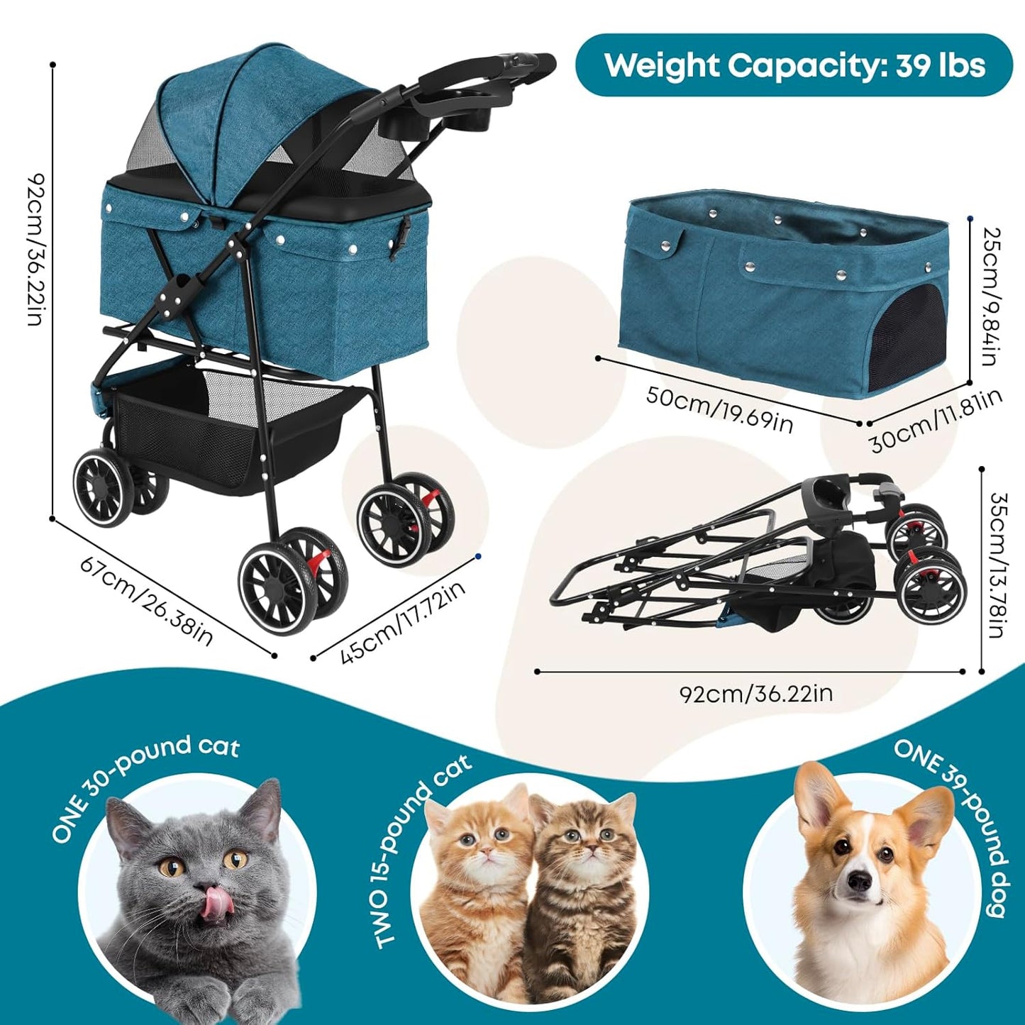 Pet Stroller,Dog Stroller for Small Medium Dogs Cats,3 Wheels,Foldable,with Breathable Mesh Canopy,Cup Holders,Easy Assembly,Green
