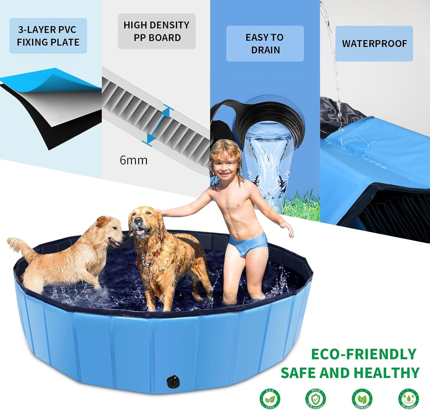 Foldable Dog Pool, 71" x 12" Large Kiddie Pool with Hard Plastic, Non-Slip Dog Bath Tub for Outdoor Backyard, Collapsible Dog Swimming Pool for Kids Dogs Pets (Blue)