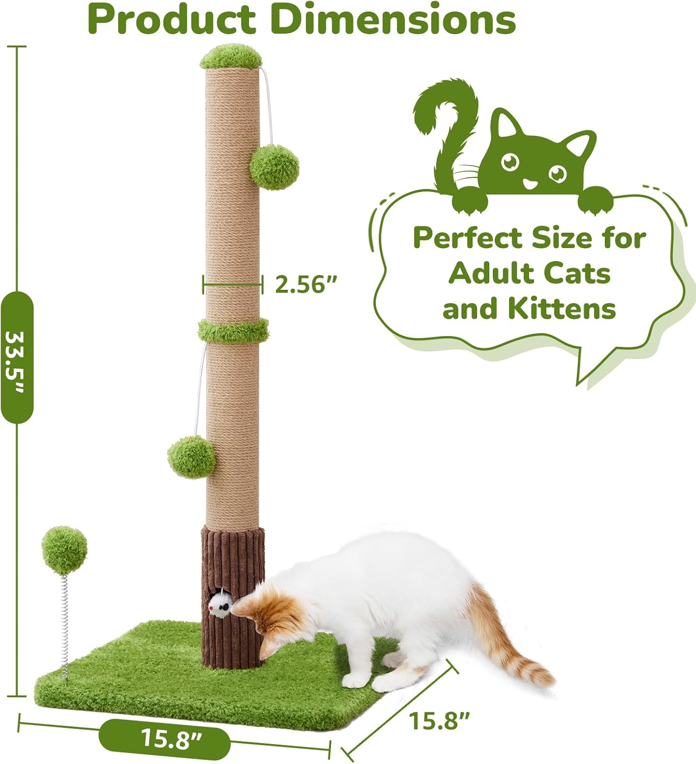 33" Tall Cat Scratching Post for Indoor Cats, Premium Sisal Scratch Posts with Cat Toys and Fun Mouse Holer for Cats at All Ages, Scratcher Tree with Reinforced Stable Base (Green)
