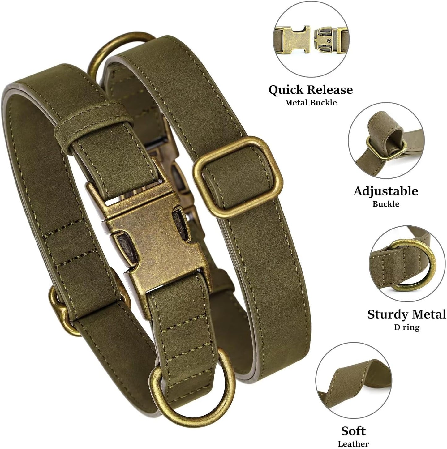 Didog Soft PU Leather Dog Collar, Stylish Quick Released Dog Collars for Large Dogs, Easy Clean Adjustable Pet Collar for Daily Walking, Dark Green, XL Fit 17-27" Neck