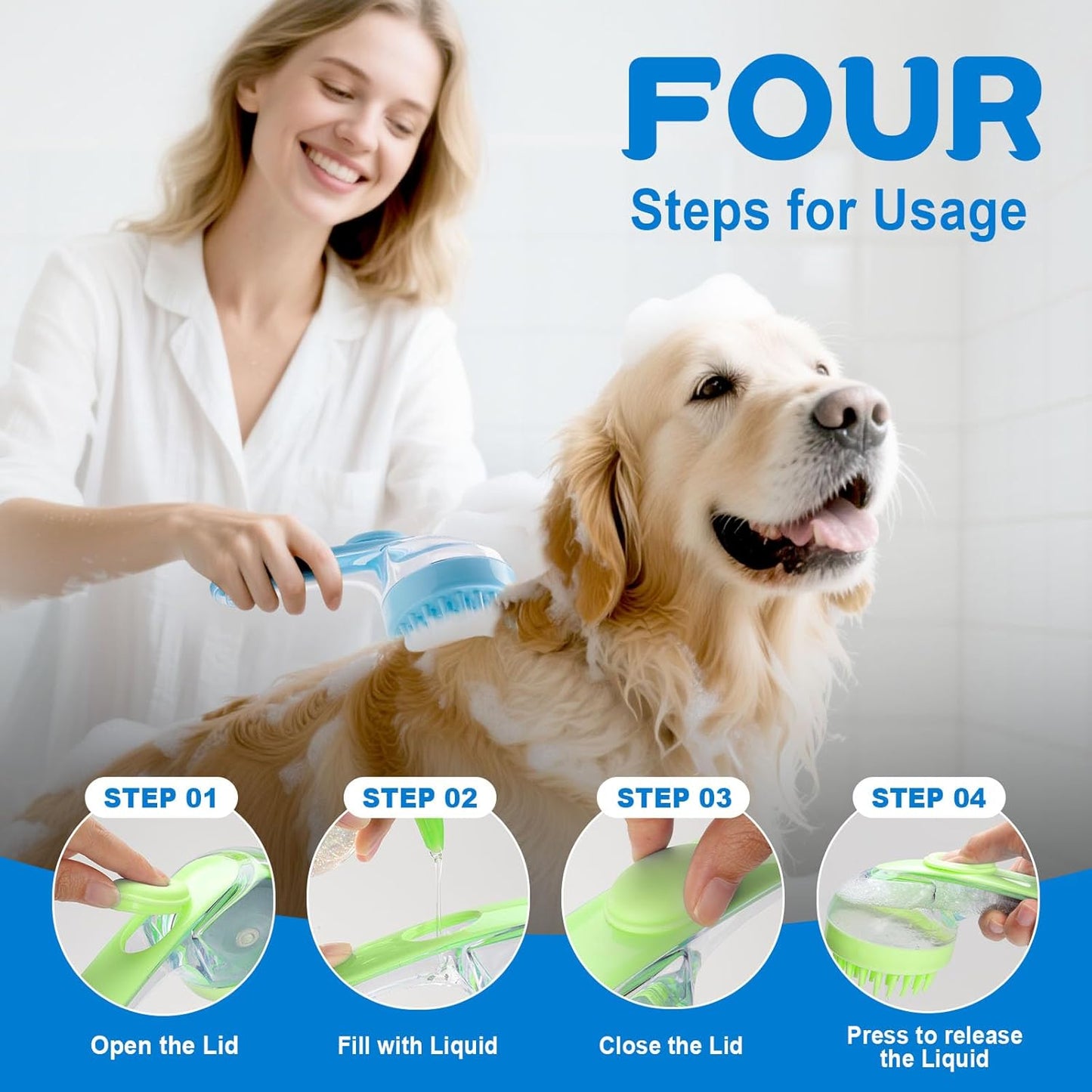 Dog Bath Brush, Silicone Pet Bath Brush with Soap Dispenser,Deep Cleansing & Gentle Massage for Dogs & Cats, Suitable for Long & Short Hair, Easy Grip, Bathing & Grooming(Green)