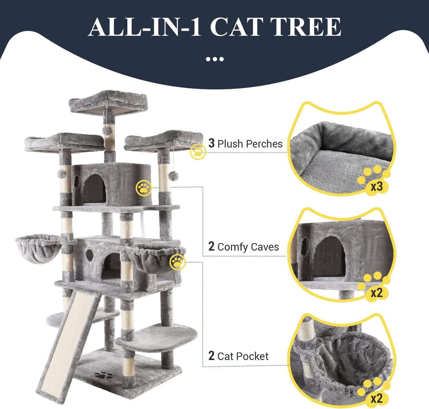 Allewie 68 Inches Cat Tree/House and Towers for Big Feline/Scratching Post/Multi-Level Large Kitty Climbing Tree with Condo/Light Grey