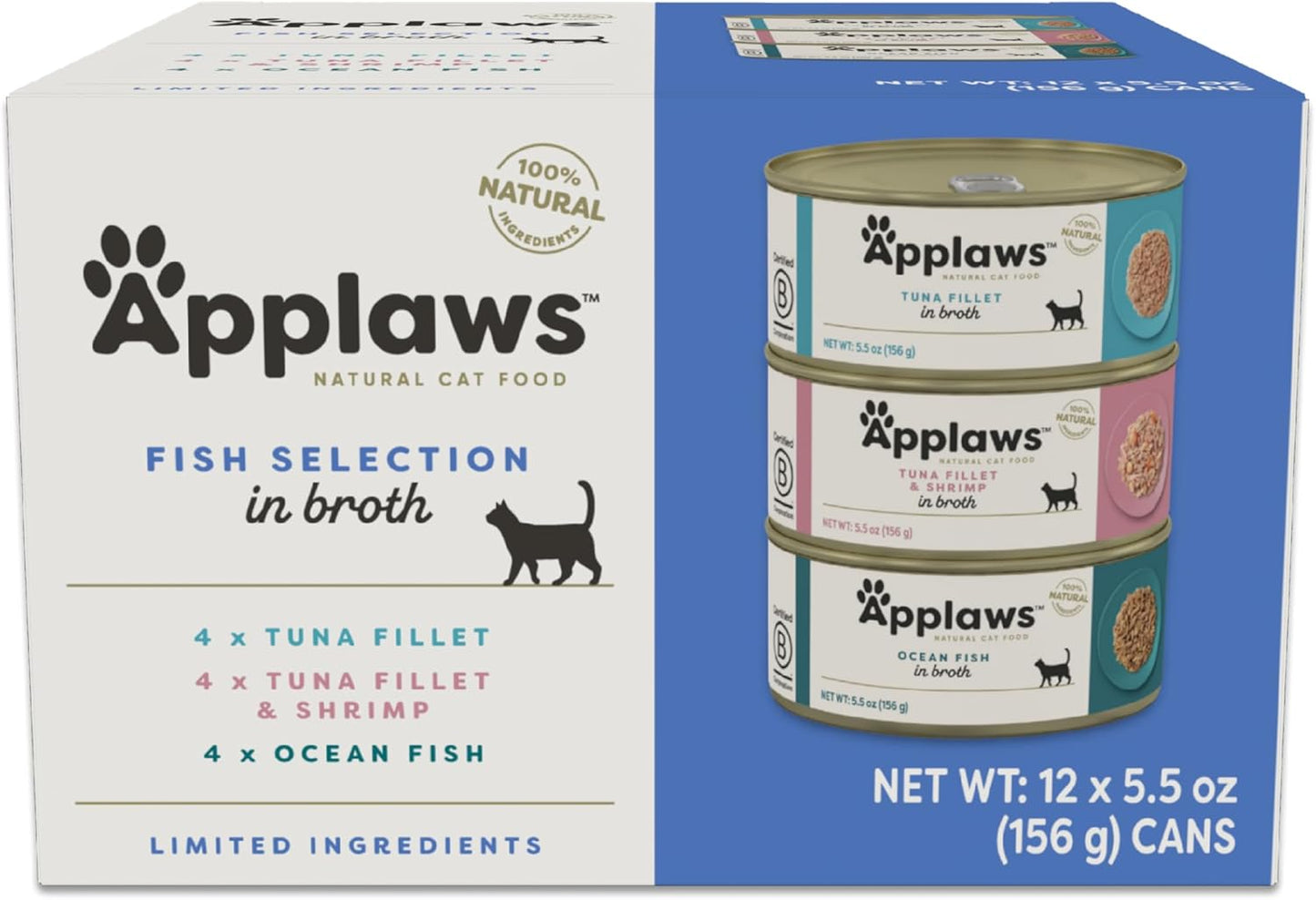Applaws Natural Wet Cat Food in Broth, Made with Limited and Natural Ingredients, Fish Selection Variety Pack in Broth (12 x 5.5oz Cans)