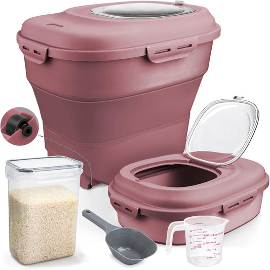 Rice Storage Bin Cereal Containers, 13-50lb Collapsible Rice Container Dispenser with Transparent Lid, Rolling Wheels, Measuring Cup and Scoop, Airtight Dog Cat Pet Food Storage Container Pink