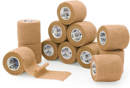 OK TAPE Self Adherent Cohesive Bandages Wrap 12Packs, 2 Inches X 5 Yards, Non-Woven Self Adhesive Athletic Sports wrap Tape, Vet Wrap Bandages Tape, for Thumb Finger Wrist Ankle (Beige)