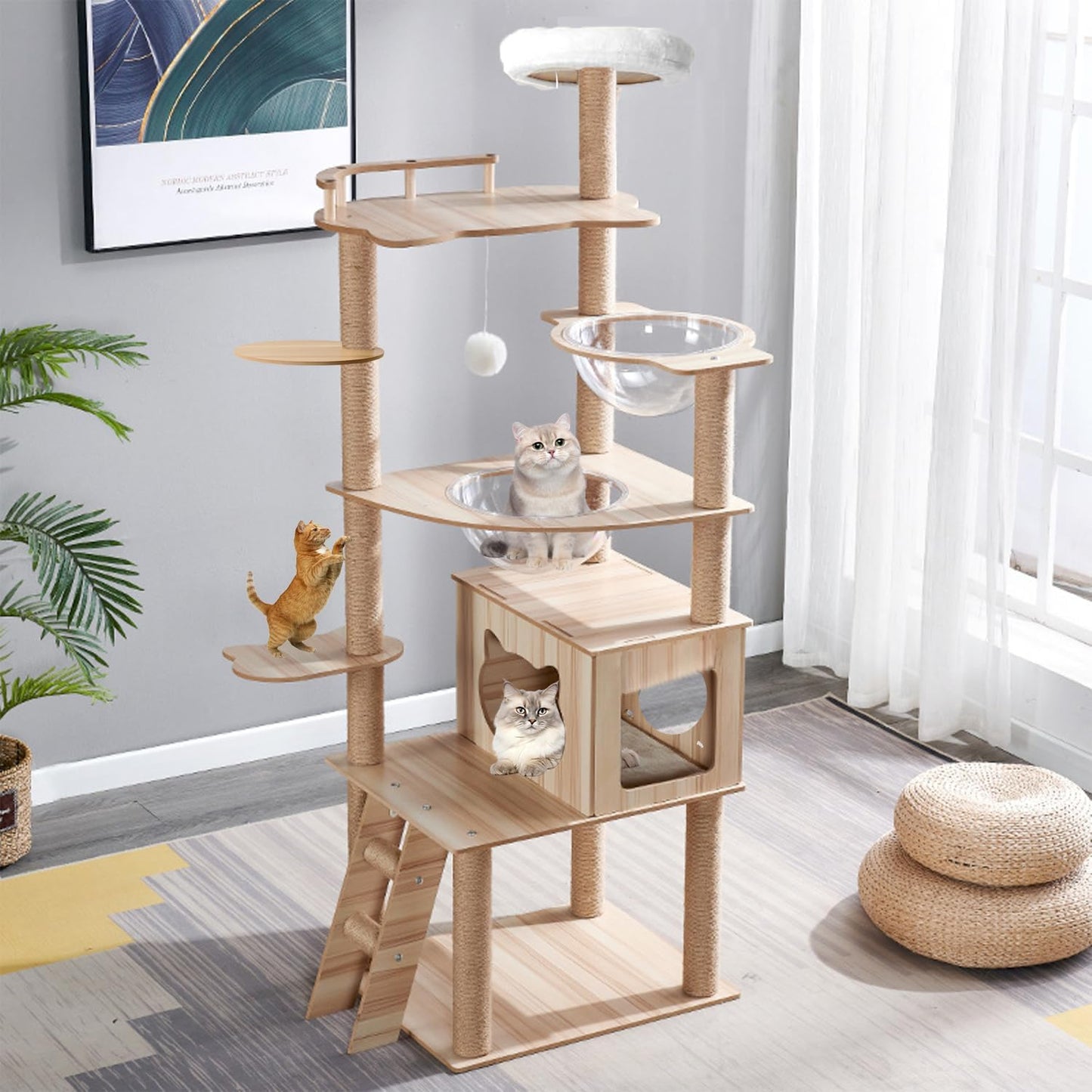 67-Inch Cat Tree for Indoor Cats Large Adult,Cat Tree Tower with Condo, Cat Stairs, 2 Bowl,14 Sisal Scratching Posts, Top Perch, with Padded Platform Bed,Toy Balls,Larg Large cat Tree.B12