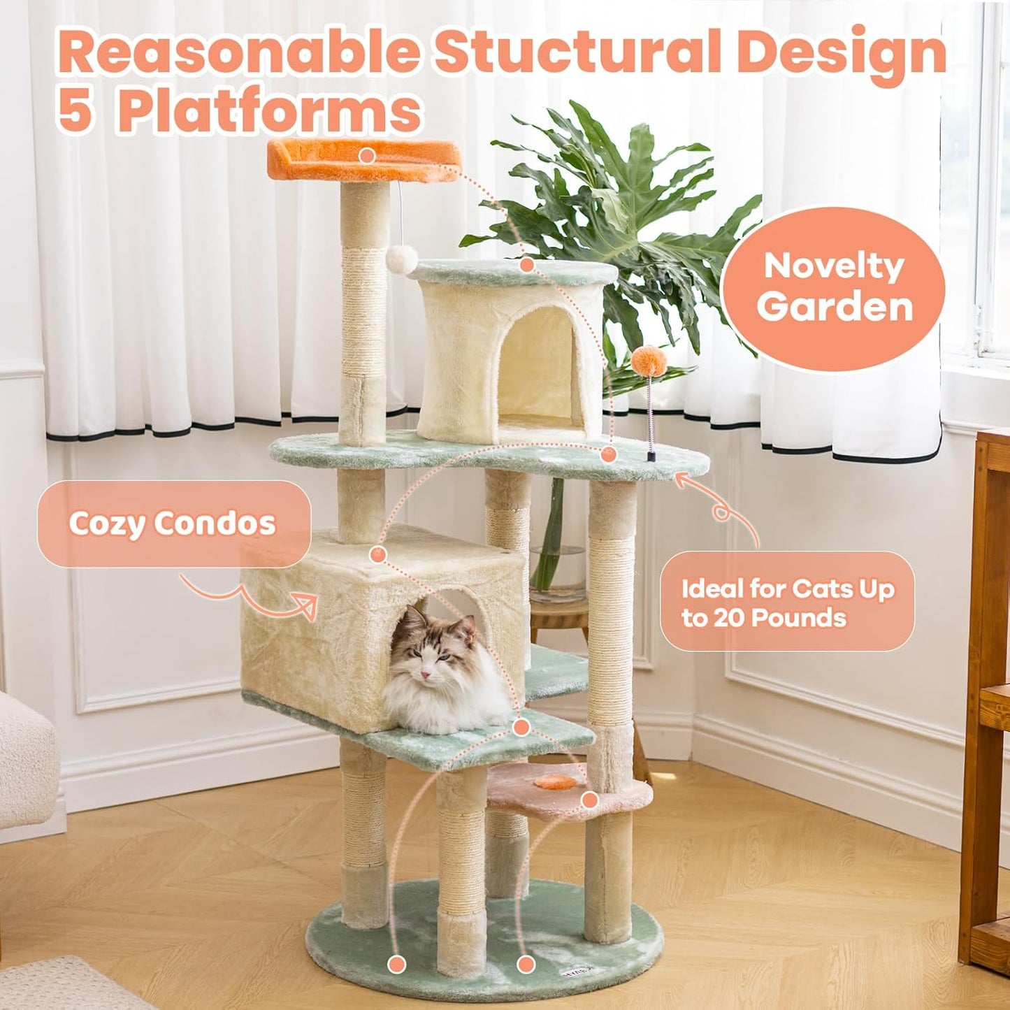 HYABi 53 Inch Flower Cat Tree - Multi-Level Cat Condo with Scratch Posts & Toys, Fresh Design Eco-Friendly Material, for Multi-Cat Households & Indoor Cat Playground